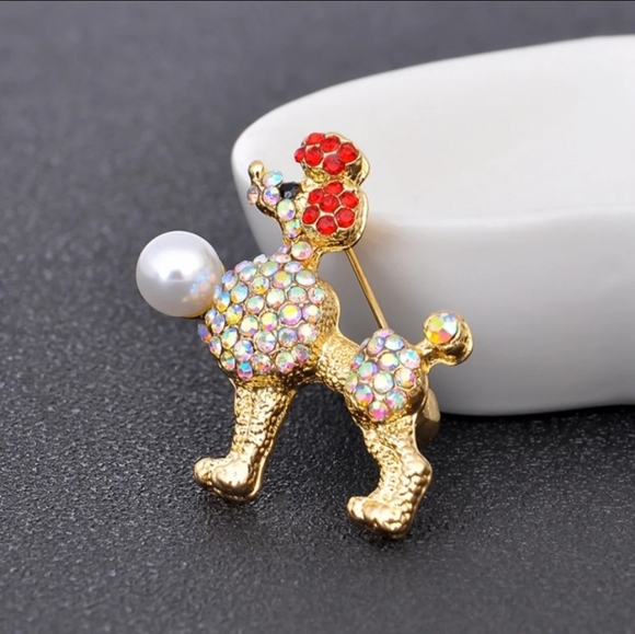 Gold plated pink and white crystal pearl poodle necklace/brooch - Picture 12 of 12